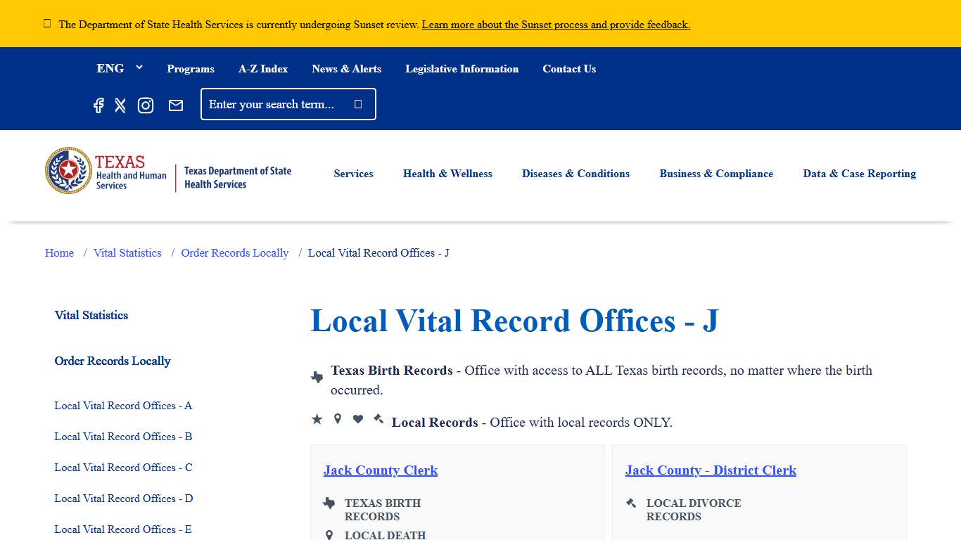 Local Vital Record Offices - J | Texas DSHS